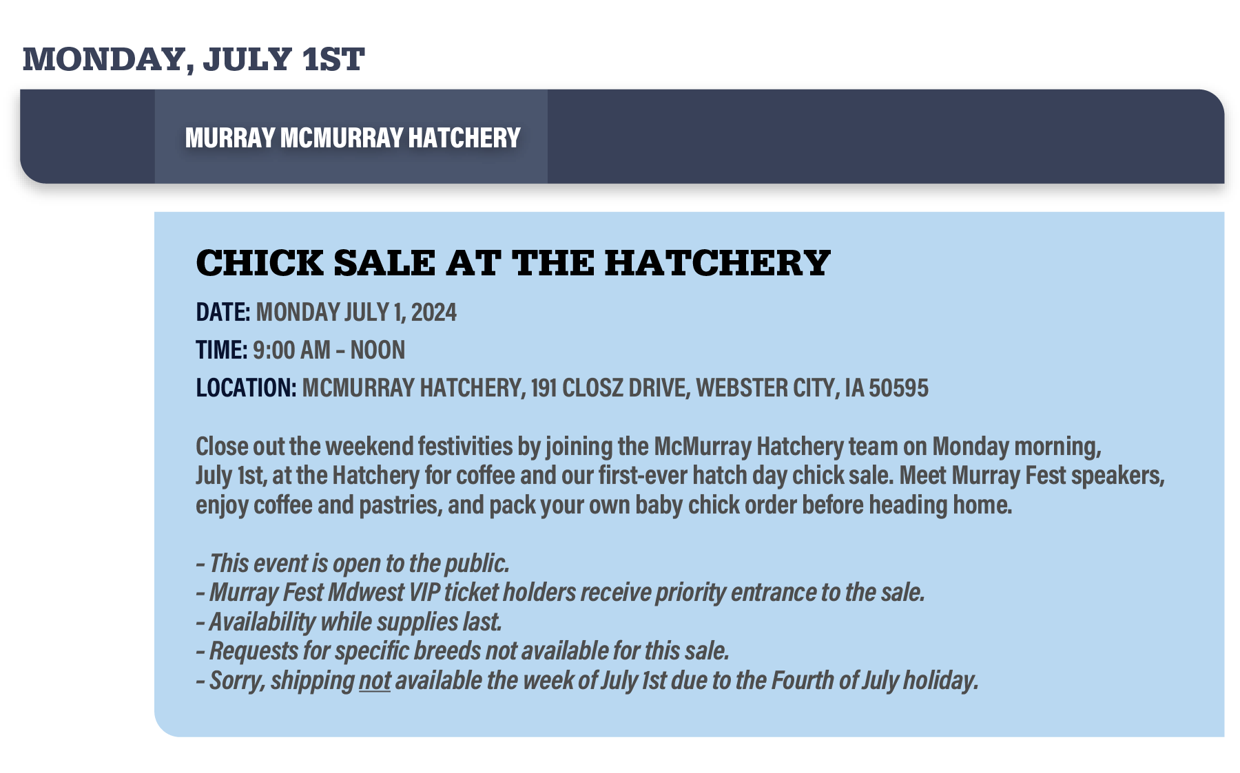 Murray Fest Midwest 2024 McMurray Hatchery Chick Sale Schedule